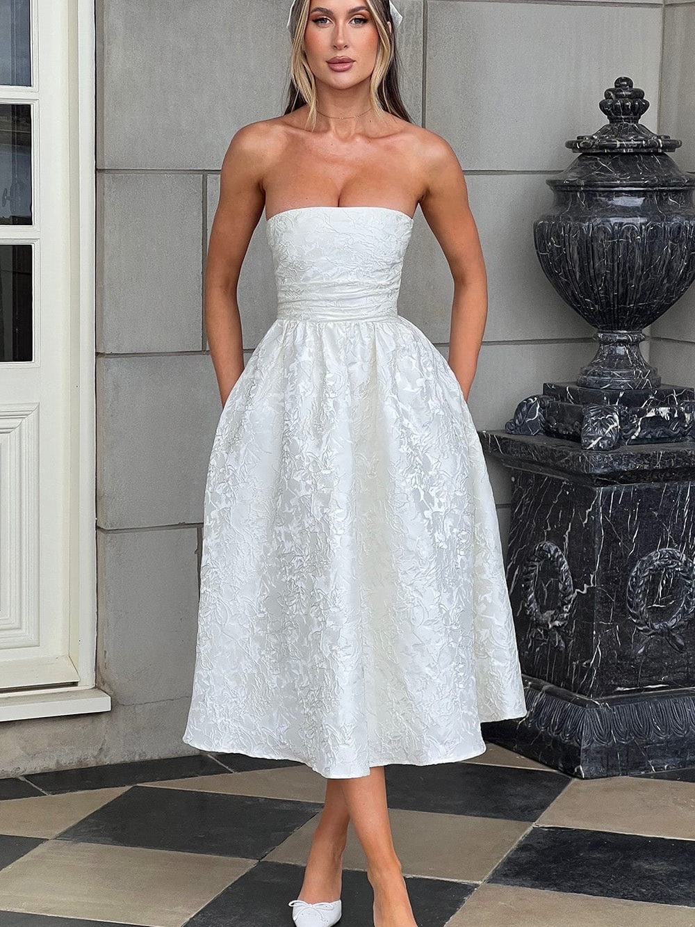 Strapless White Jacquard Midi Dress